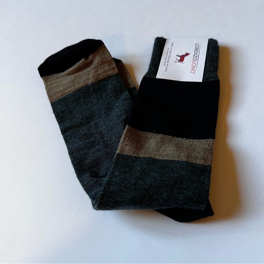 LORENZO UOMO MENS MERINO WOOL BLEND SOCKS COLOR BLOCK BLACK GREEN BEIGE OS NWT